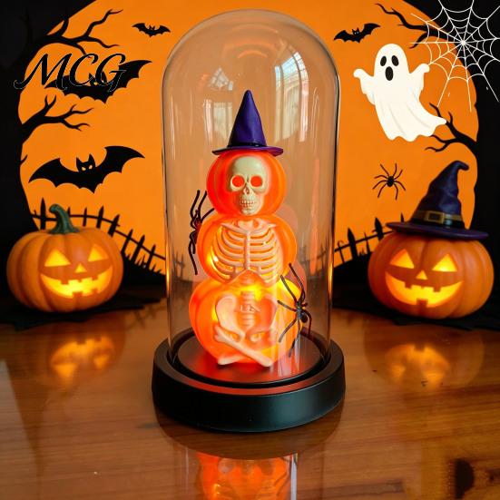 Unique Halloween Gift Decoration, Lighted Skeleton in Clear Dome Cloche with Warm Glow, Battery Year-round Decor Operated Skull Lamp Witch Hat