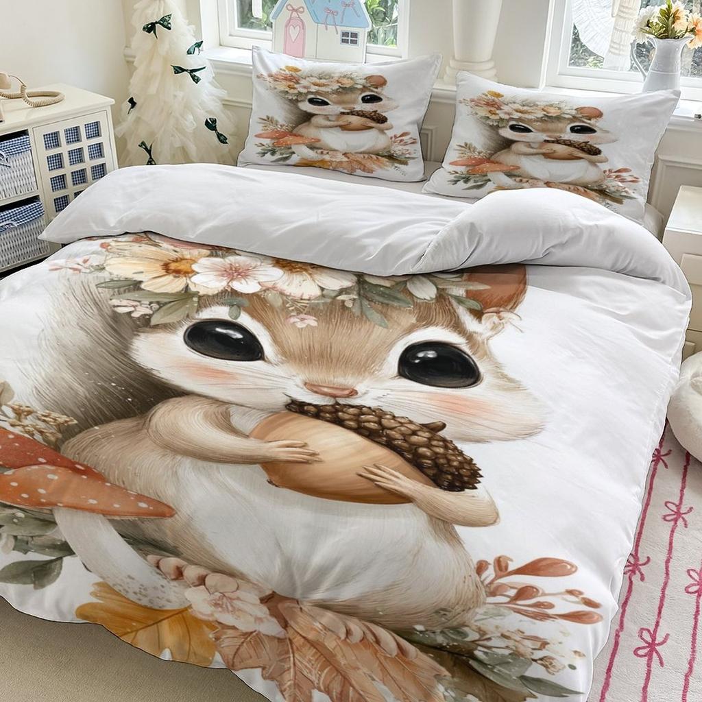 Милый комплект постельного белья с белками Мягкий полиэстер Пододеяльник Комплект с наволочкой Для декора спальни Подарок на день рождения для девочек