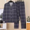 2Pcs/Set Men Pajamas Set Lapel Long Sleeve Single Breasted Tops Elastic Waist Long Pants Set Plaid Print Sleepwear