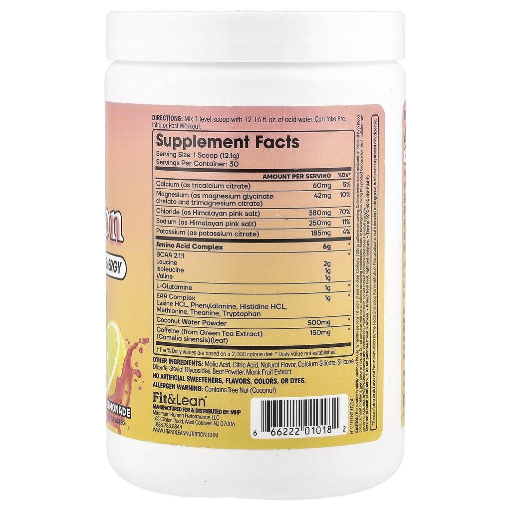 Fit & Lean Amino Hydration + Energy, Pink Lemonade, 363G(12.8Oz)