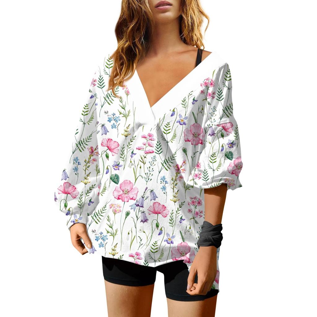 Женская мода V-образный вырез длинный рукав принтованный свободный пуловер свитшот топ