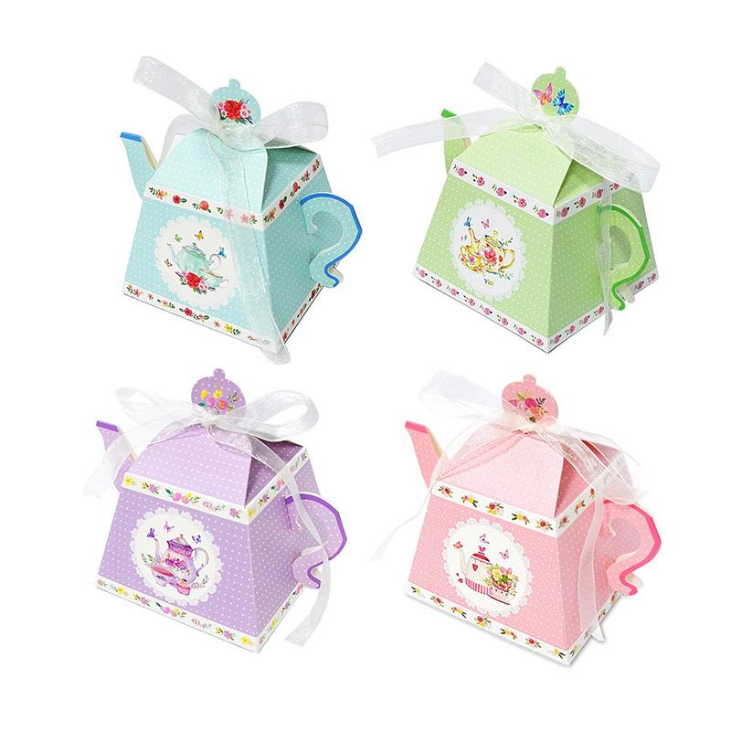 12 24Pcs Retro Teapot Paper Candy Boxes With Ribbon Wedding Birthday Party Favor Gift Packaging Decor