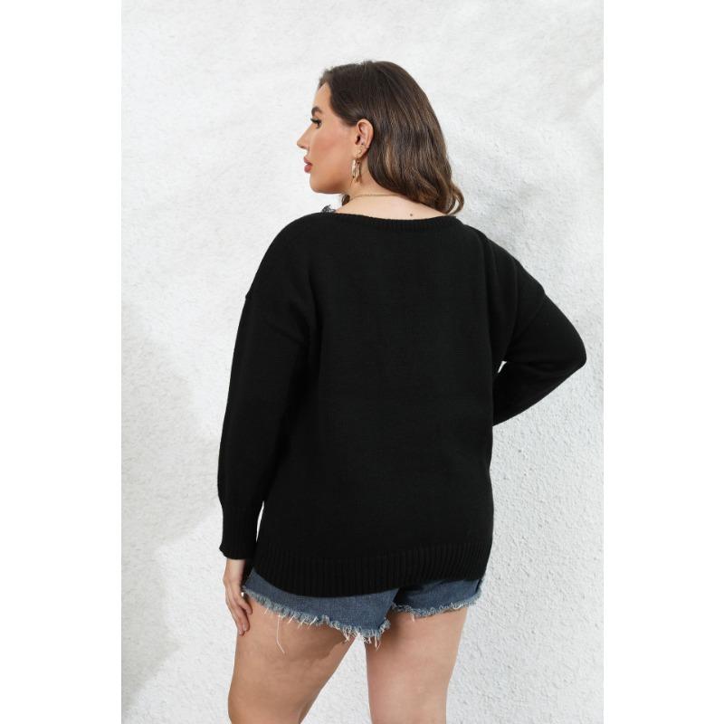 Women's Autumn and Winter Woven Large Size Lace Splicing V-Neck Pullover Sweater