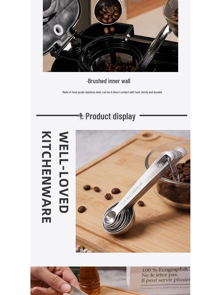 Набор мерных ложек из нержавеющей стали 304, цельный, с круглой ручкой, с крючком и шкалой для выпечки и кофе
