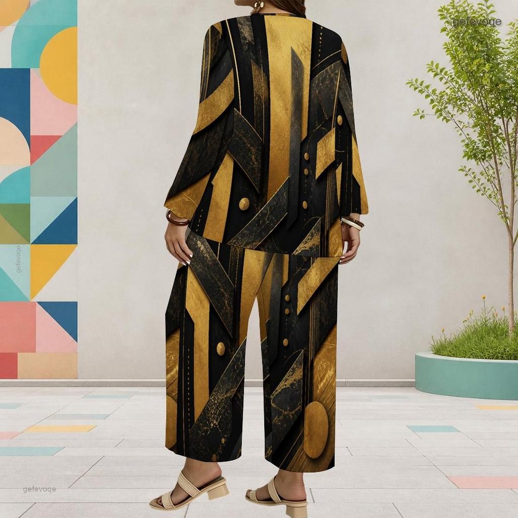 Women Plus Size Black Gold Silver Printed Round Neck Long Sleeve Top Wide Leg Pants Two Piece Set
