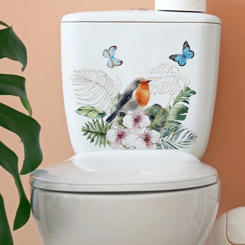 Наклейка на туалет «Птица, бабочка», декоративные виниловые наклейки для ванной комнаты, настенное искусство с зелеными растениями, водонепроницаемые съемные наклейки