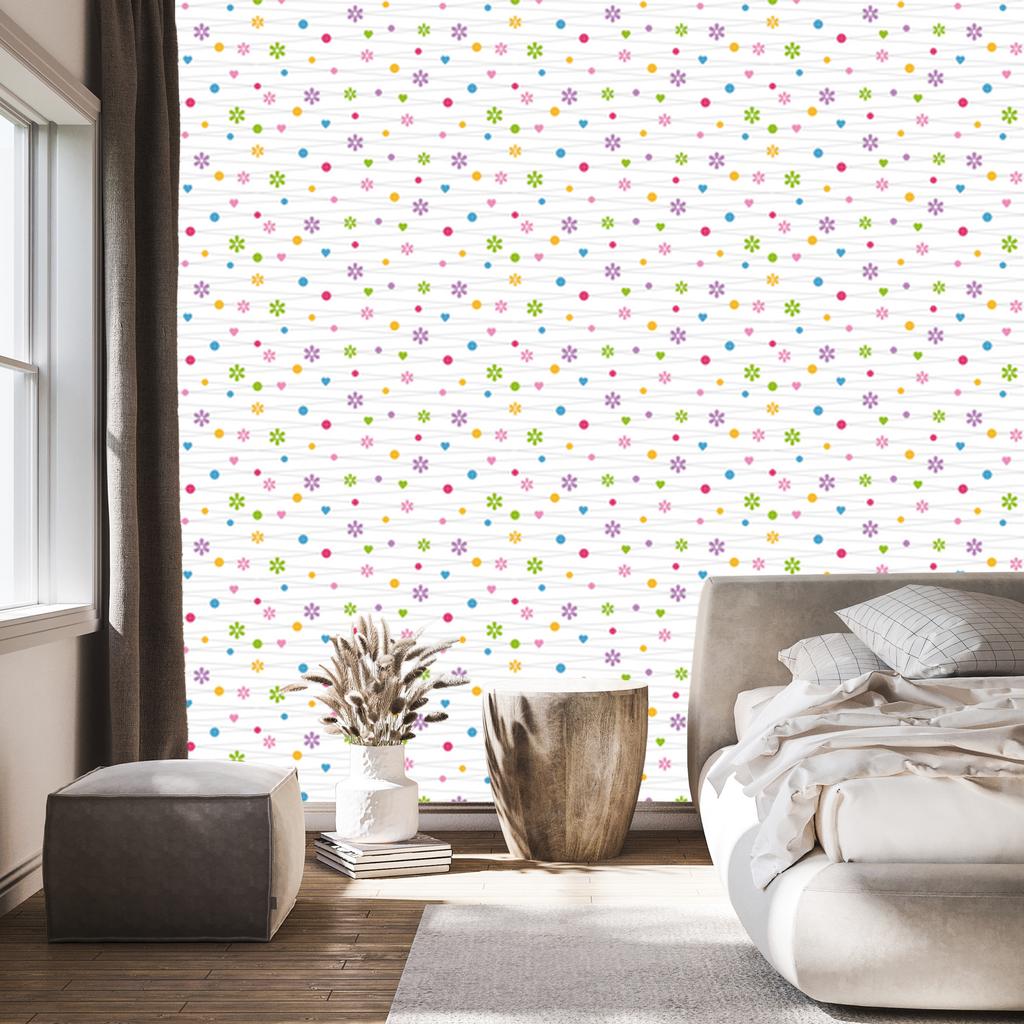 Colorful flowers, hearts and dots wallpaper for living room and bedroom 50x1000