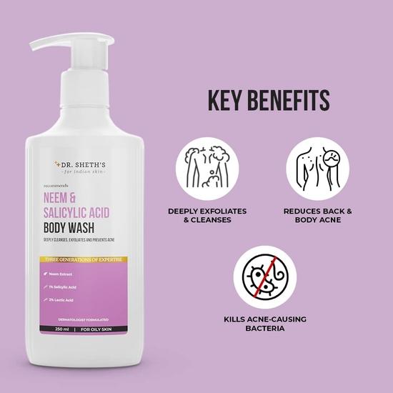 Доктор. Гель для душа Sheth's с нимом и салициловой кислотой от акне на теле | Антибактериальный гель для душа с AHA BHA | 2% молочная кислота | Унисекс | 250 мл