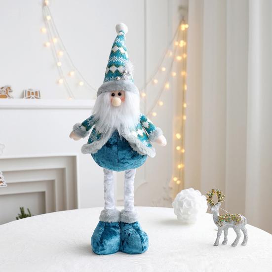 Christmas Doll Ornament Plush Standing Santa Claus Reindeer Snowman Figure with Telescope Leg Blue Gnome Doll Toy for Tree Fireplace Window Table