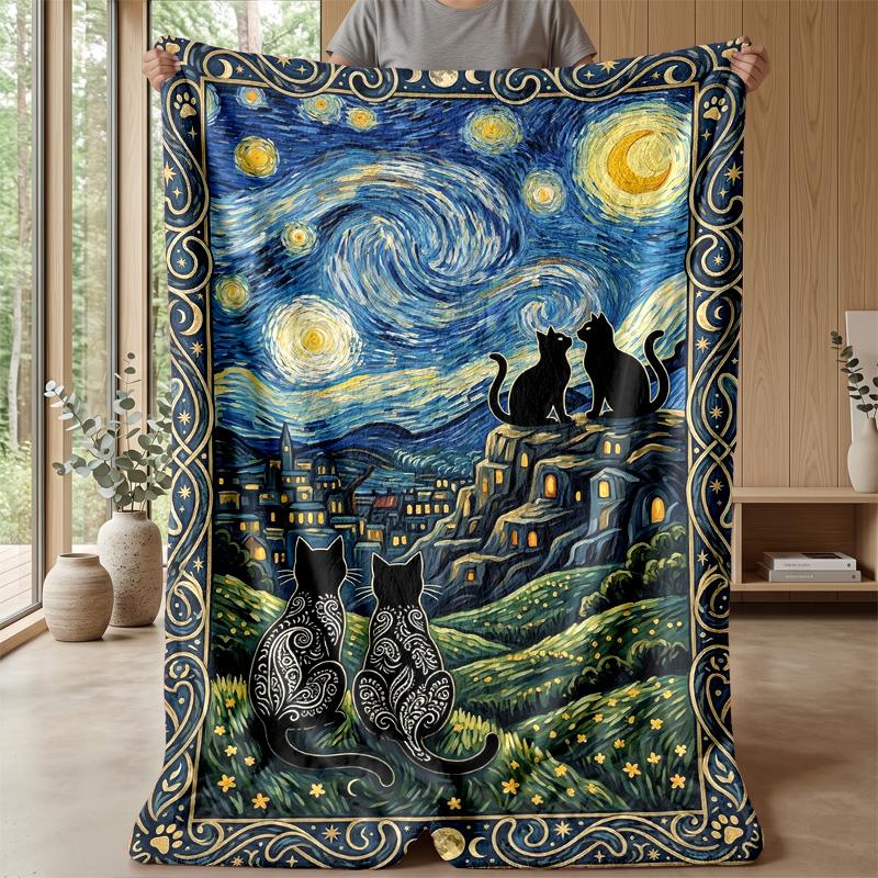 Night Cats in Moonlight Theme blanket Lightweight Warm Flannel Blanket Decorative Throw Blanket for Home Decoration