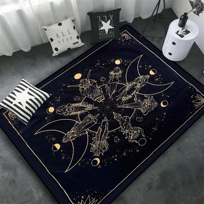 Triple Moon and Pentagram Altar or Tarot Witchy Floor Mat Black Witch Rug Gothic Decor Phases Divination Runic Carpet Gift