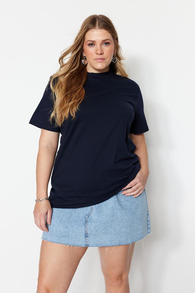 Women's Style Plus Size White Navy Blue Ribbed Collar Boyfriend Knitted T-shirt
