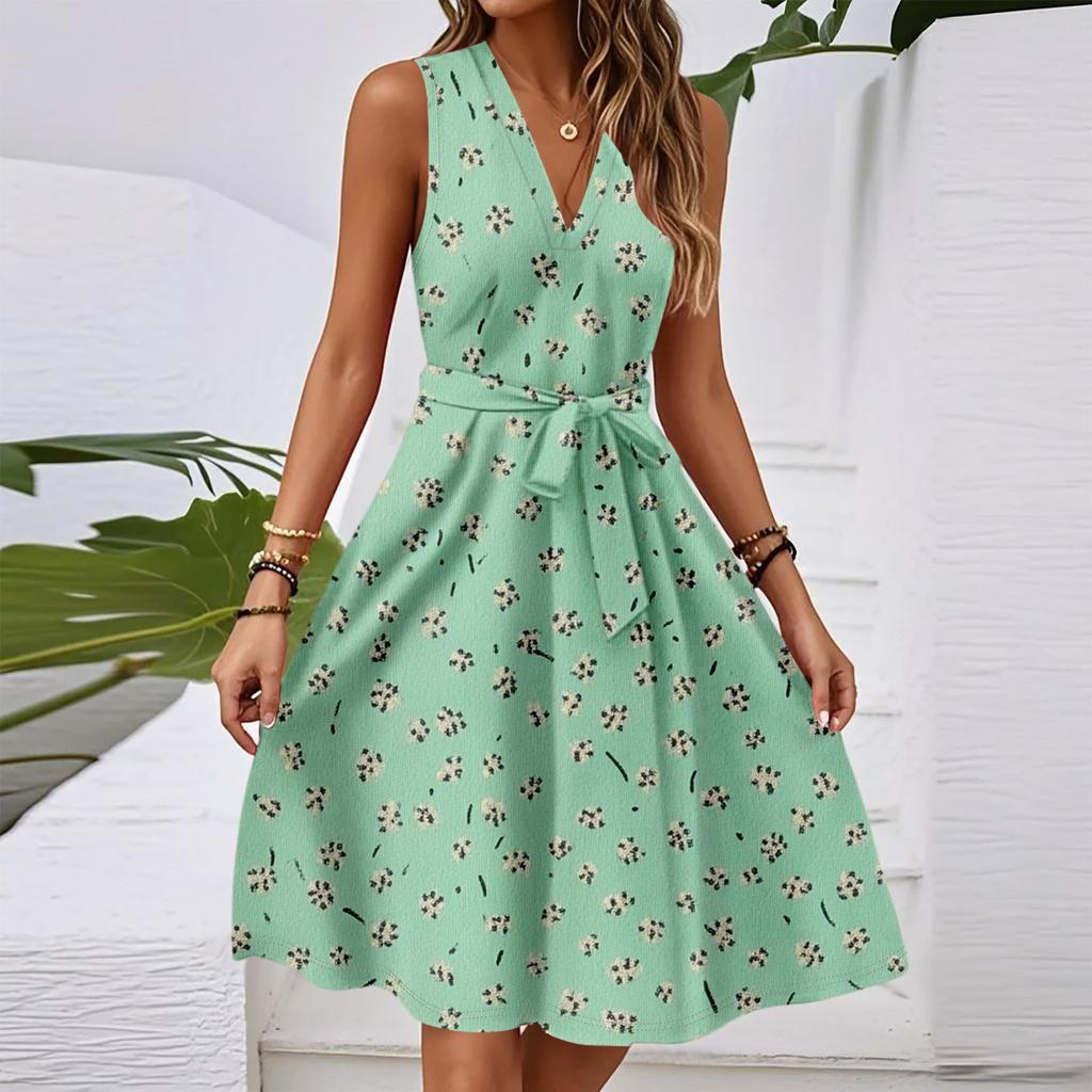 Women's Spring And Summer Casual V-Neck Sleeveless Waist Floral Print Midi Dress