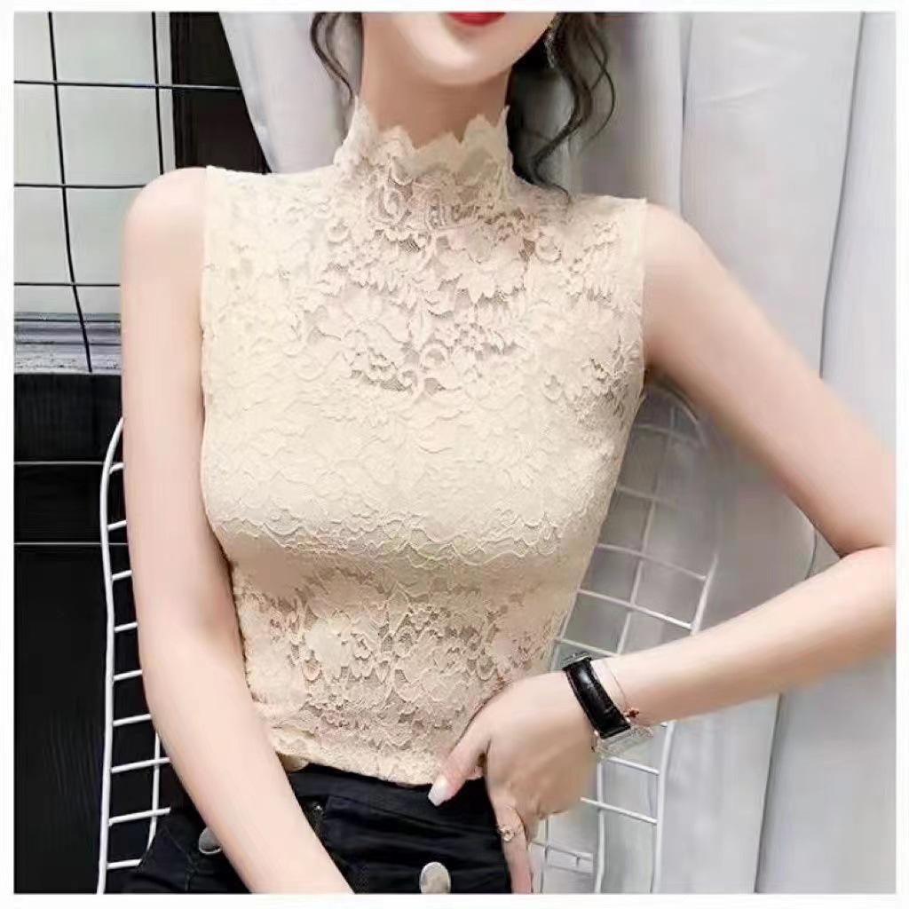 Осенне-зимний кружевной сетчатый топ с высоким воротником, облегающий, с длинными рукавами, женский