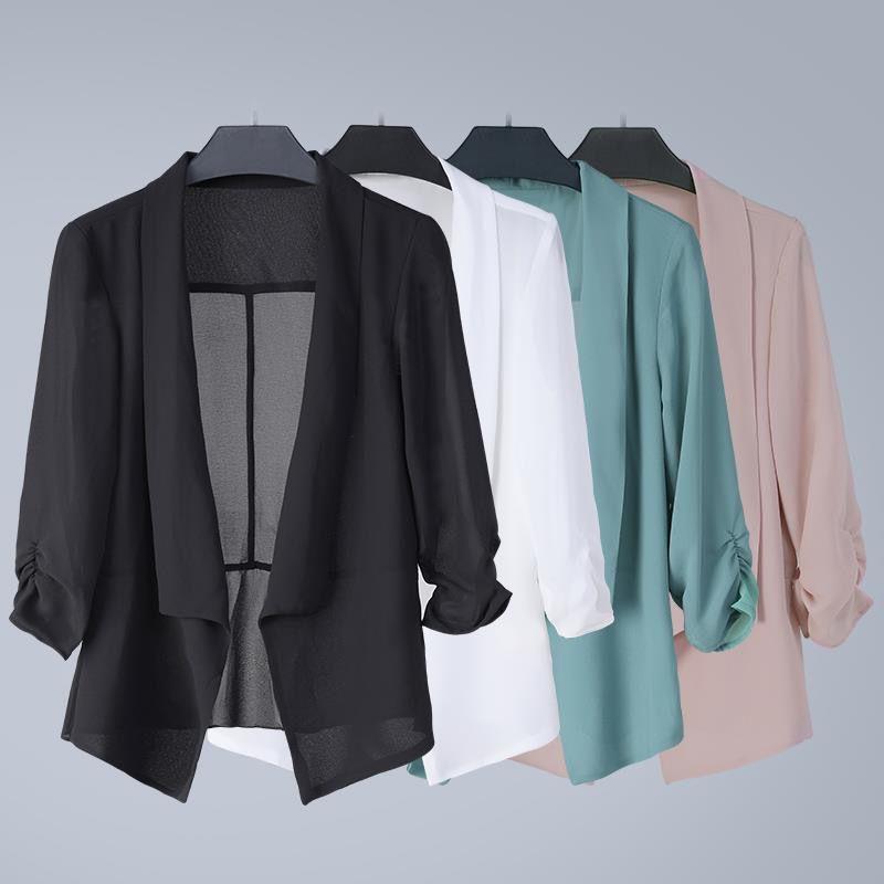 Women's Spring and Summer Thin Plus Size Lapel Solid Color Shawl Short Suit Collar Cardigan