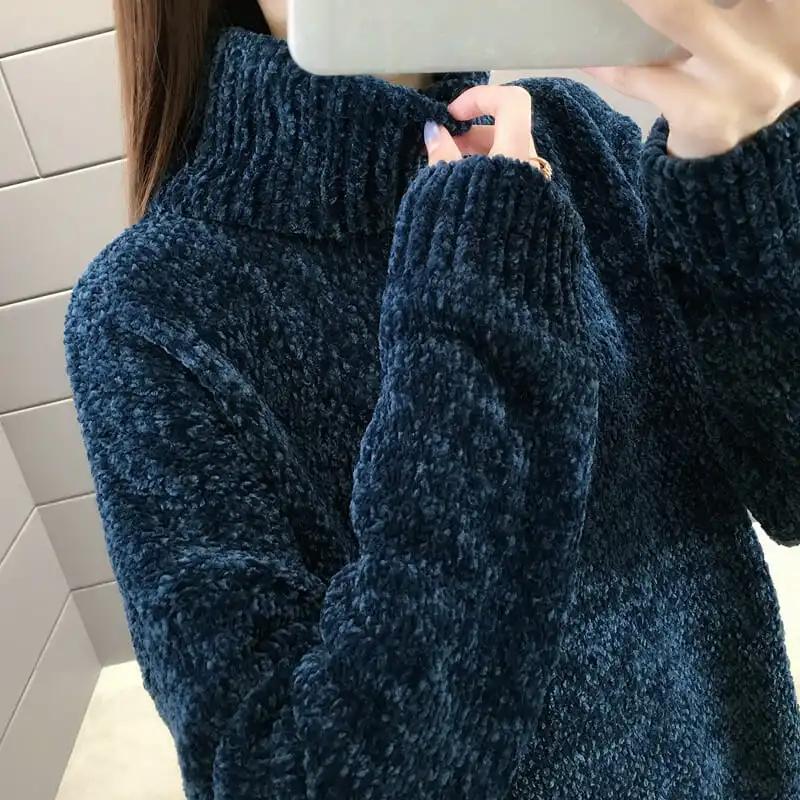 Autumn Winter Chenille Turtleneck Sweater Women's Loose Elastic Thick Knitted Sweaters Solid Female Warm Base Shirt