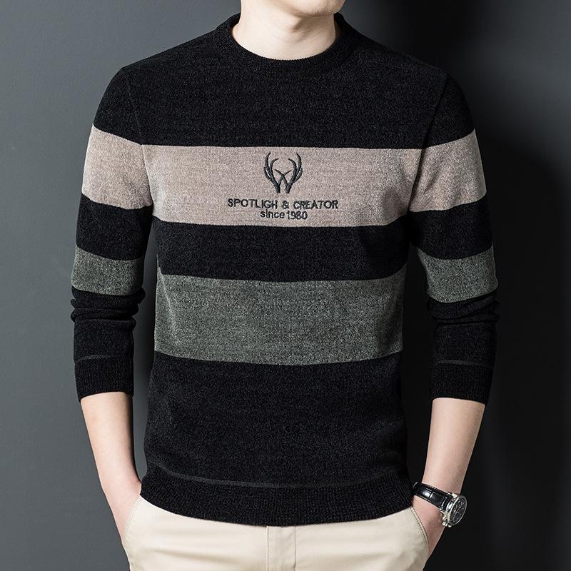 Флисовый свитер из синели, мужской теплый полосатый свитер с блокировкой цвета, утепленный бархатный мужской зимний свитер