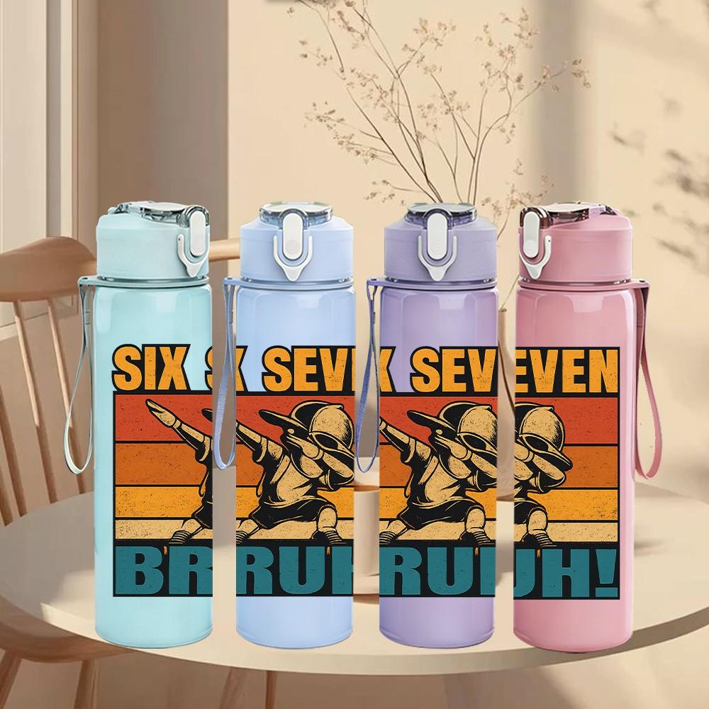1PC Retro Six Seven Bruh Text Pattern 750ml Color Plastic Sports Water Bottle Leakproof Flip Straw Lid Suitable for Sports Office Home Use