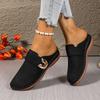 Large Size Bag Head Flat Bottom Casual Half Slippers Women's New Solid Color Wedge Metal Buckle Beach Slippers