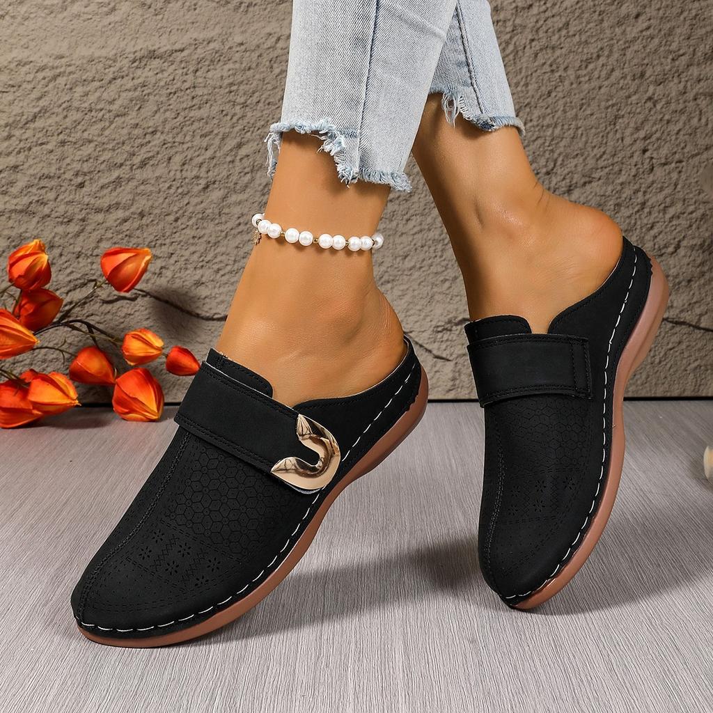 Large Size Bag Head Flat Bottom Casual Half Slippers Women's New Solid Color Wedge Metal Buckle Beach Slippers