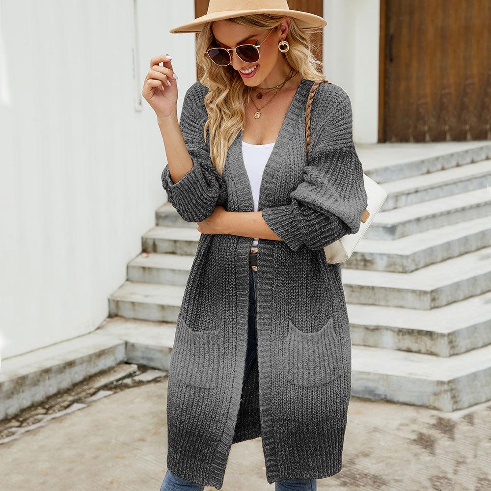 Autumn and Winter Women's Sweater Gradient Color Knitted Cardigan Loose Large Size Color Block Coat Cardigan