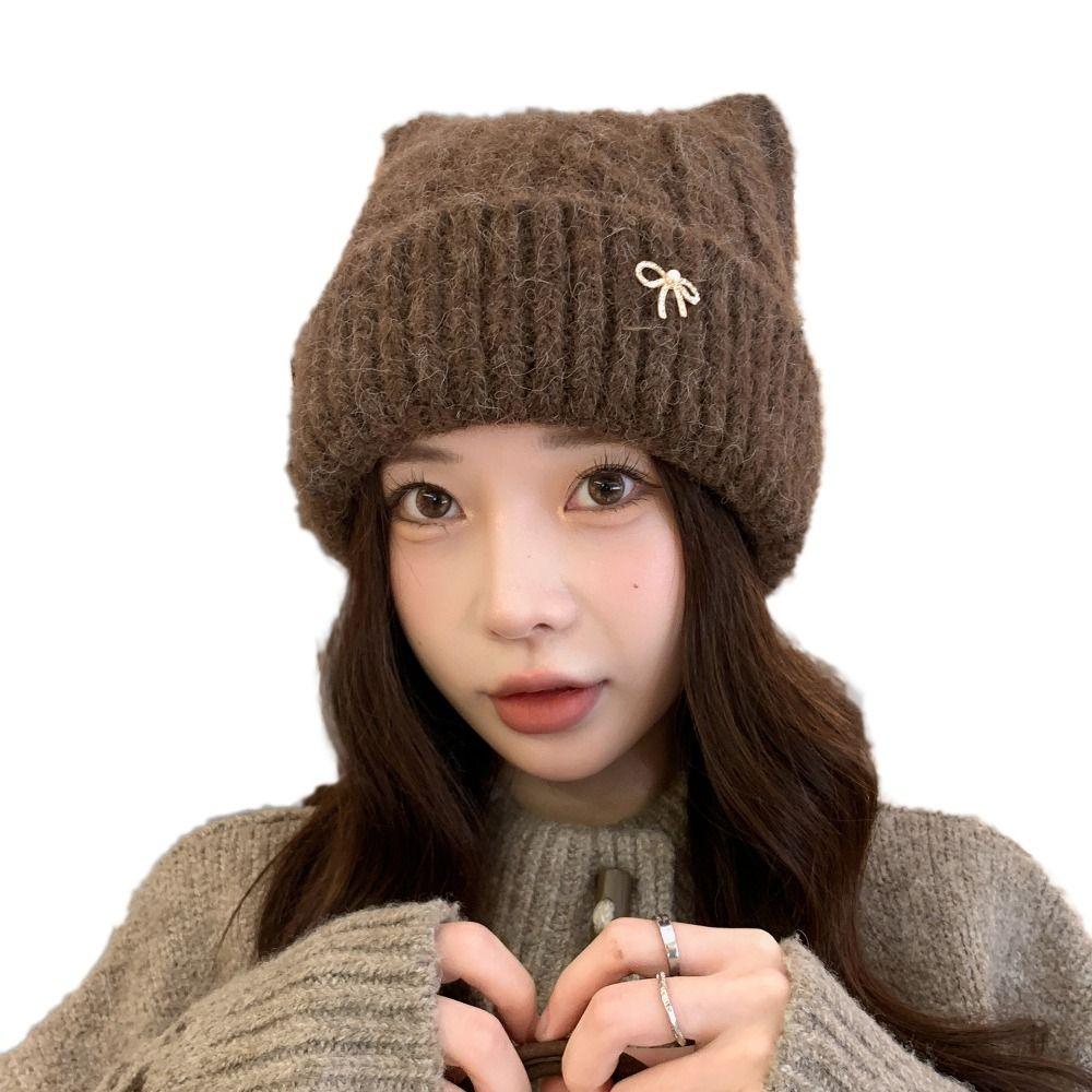 Warm Woolen Knitted Hat Japanese  Style Women Beanie Hat Retro Cat Ears Pullover Hat  Autumn Winter
