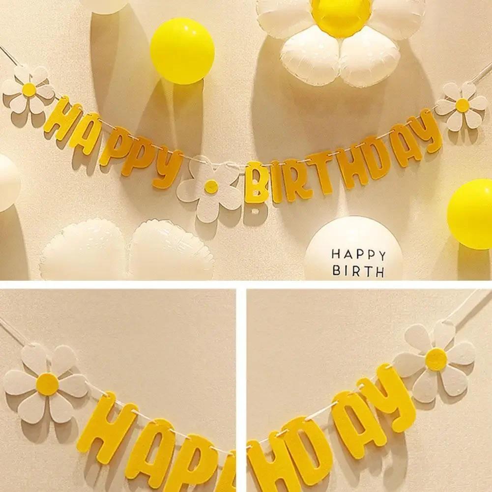 New Baby Shower Daisy Happy Birthday Banner White Flower Birthday Sign Garland Decoration Happy Daisy Flag Yellow Flower Party