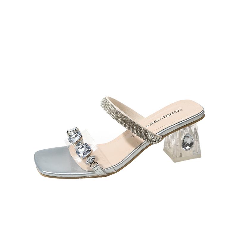 Модные прозрачные босоножки на каблуке Летние новые с квадратным носком и открытым носком, с хрустальной линией, противоскользящие износостойкие шлепанцы на высоком каблуке
