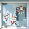 Indoor Outdoor Glass Stickers Christmas Watercolor Bird Window Sticker, Santa Hat on Beey Reusable Party Decorations Branch Static Decal, Waterproof