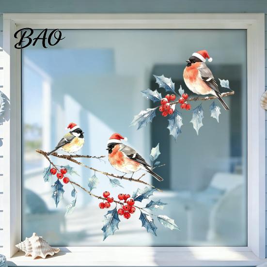 Indoor Outdoor Glass Stickers Christmas Watercolor Bird Window Sticker, Santa Hat on Beey Reusable Party Decorations Branch Static Decal, Waterproof