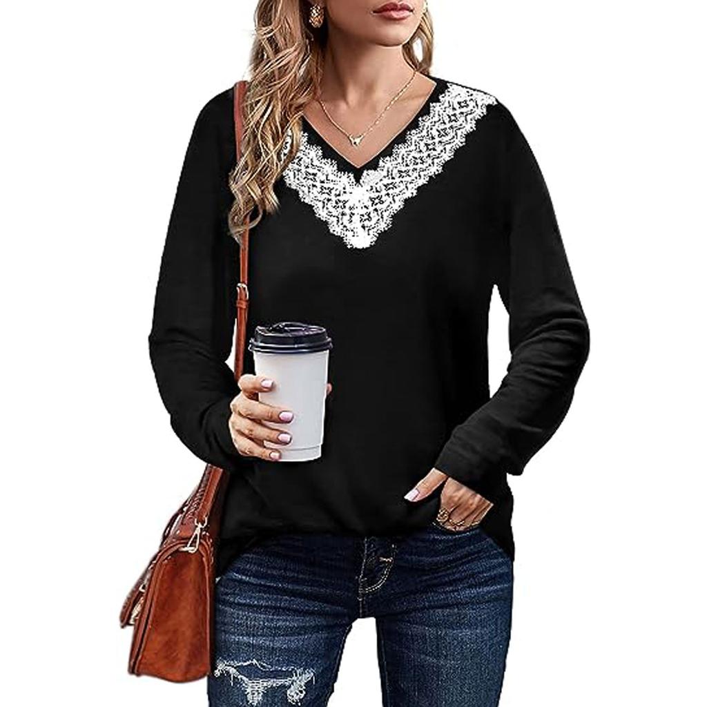 Женская осенне-зимняя новая однотонная кружевная свободная футболка с v-образным вырезом и длинными рукавами, топ