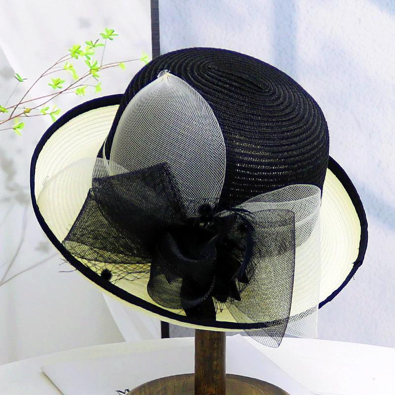 Women's French Rolled Edge Mesh Bow Grass Hat Spring Summer Outdoor Sun Protection Hat Stylish Gardening Cap