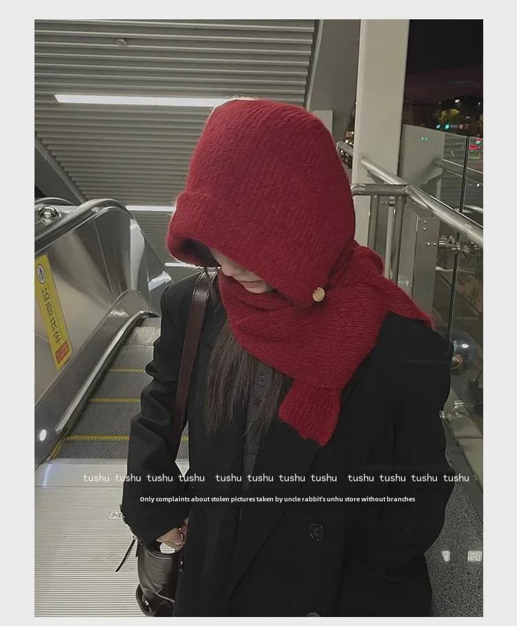 Высококачественная красная шерстяная шапка-балаклава для женщин с защитой ушей и шарфом