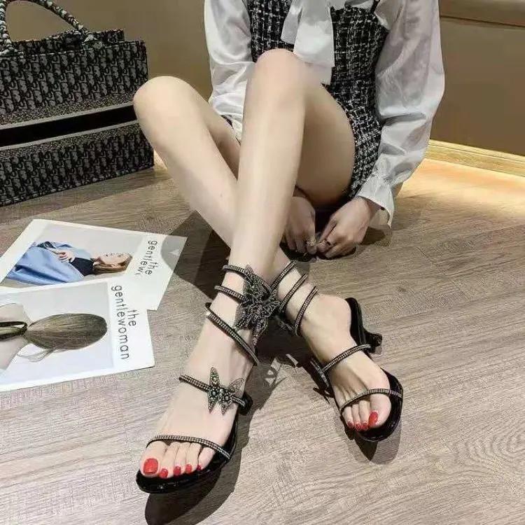 Luxury Summer Crystal Snake Winding Sandals Low Heels 2024 Women Bling Butterfly Roman Sandal Female Sweet Flat Sandals Shoes