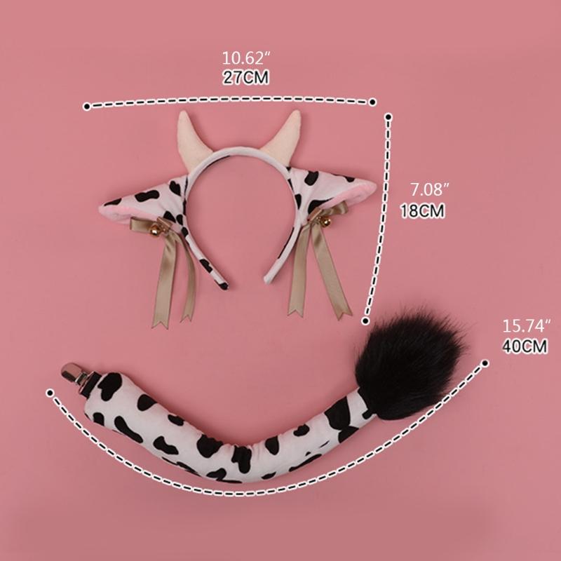 Faux Fur Animal Headbands Furry Cow Ears Headwear Tail Set Kawaii Hair Hoop for Halloween Cosplay Party Supplies