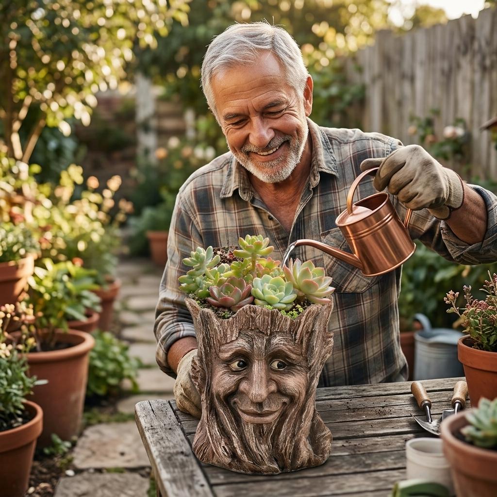 Resin Tree Stump Elderly Face Planter Pot for Home Garden Decoration
