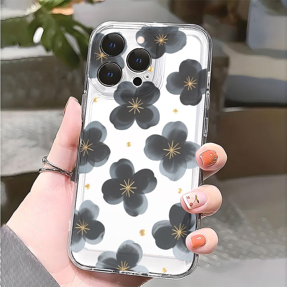 Black Flowers Gold Accents Transparent soft TPU Phone Case for Xiaomi Redmi Note 15 14 13 12 11 10 9 Pro Plus 4G 5G Soft Cover