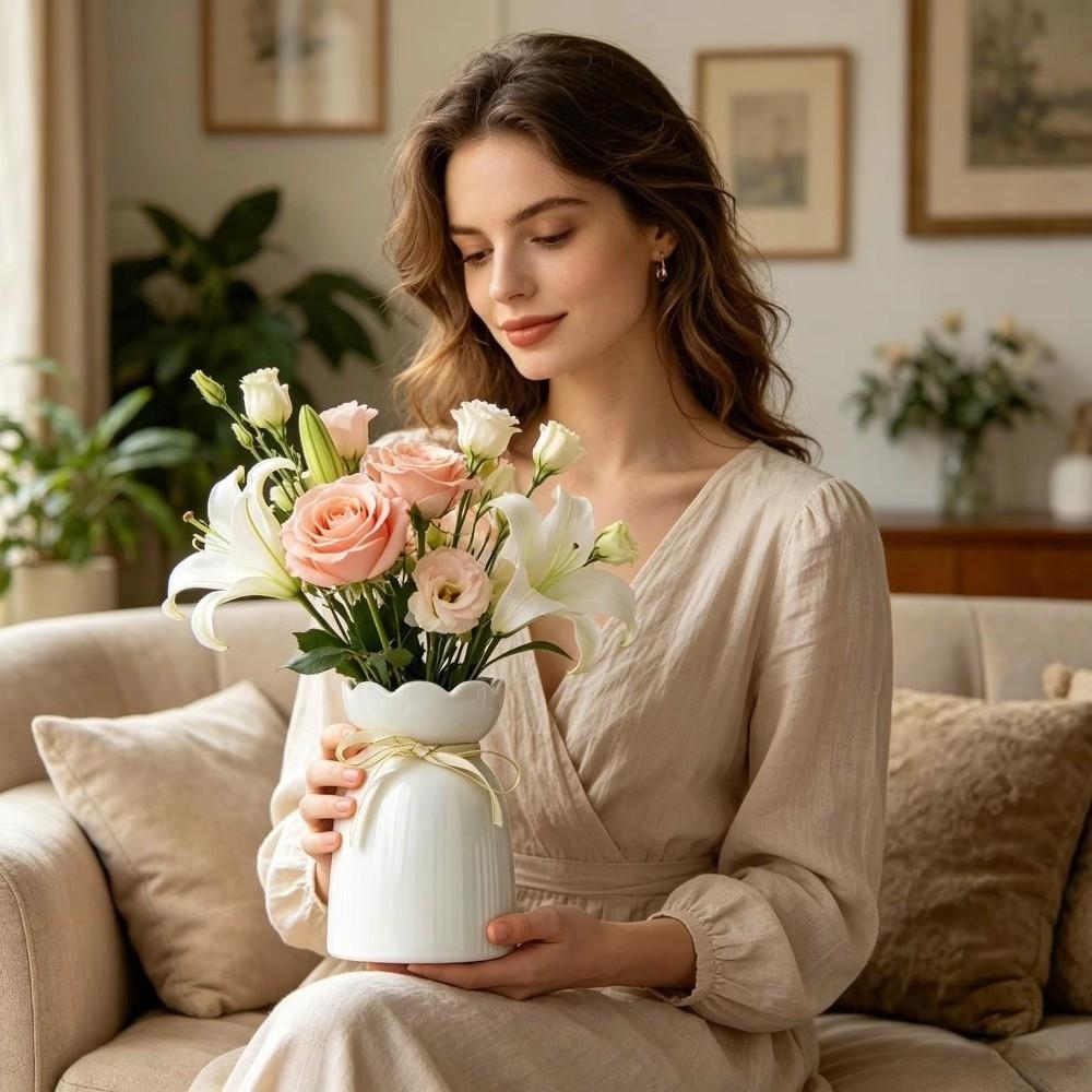 Nordic Style White Flower Vase Elegant Hydroponic Flower Pot Ceramic Vase Home Office Decoration