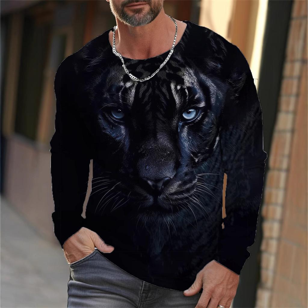Design Trendy Men's Animal 3D Digital Printed Men's Round Neck Long Sleeved T-shirt Casual American T-shirt