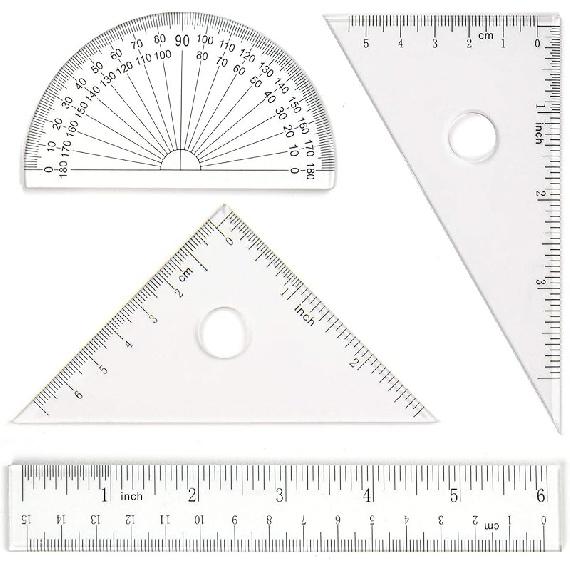 Coopay 4 Pieces Math Geometry Tool Set Includes Plastic Clear Ruler, Protractor, Triangle for School Office Home Supplies (6 inch)