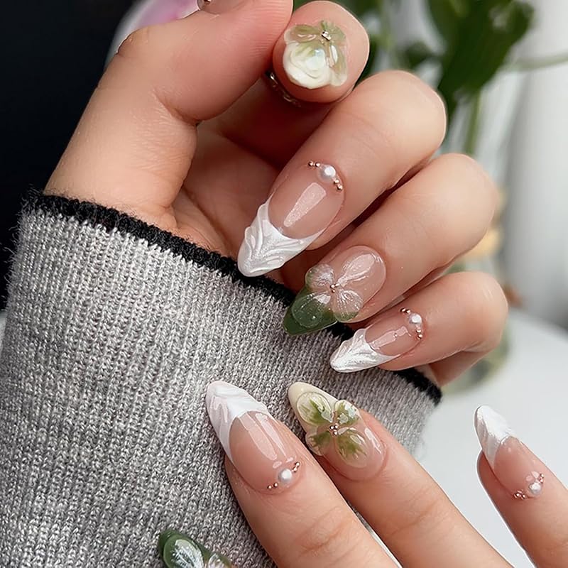 24Pcs Flower Press on Nails Green Fake Nails Medium Almond Shaped Pearl with Gold Beads Design 5D Spring Floral Glue on Nails Artificial White French