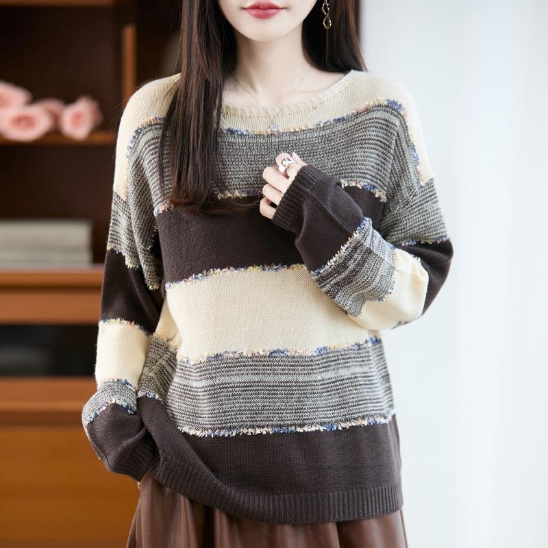 Vintage Literary Wide Stripe Pullover Sweater Crew Neck Long Sleeve Women