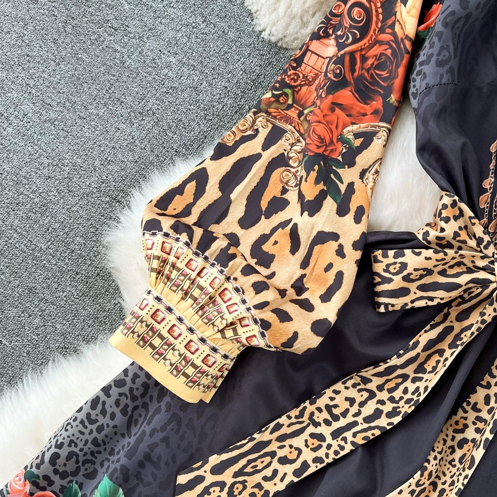 Весенне-осеннее женское винтажное праздничное платье с принтом и v-образным вырезом на шнуровке, длинное платье макси до щиколотки