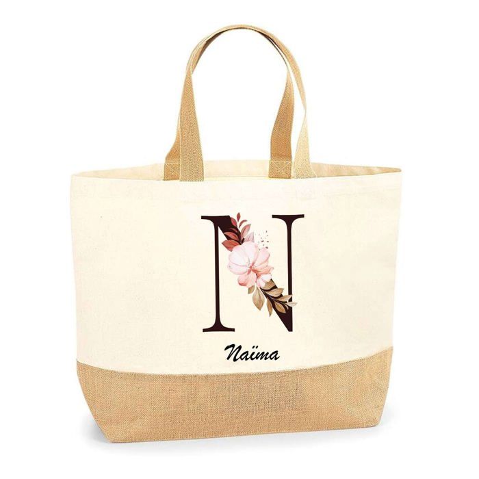 Cabas de plage - PLANETEE - Naïma Lettre Fleur - Jute naturel - Multicolore - Fabriqué en France