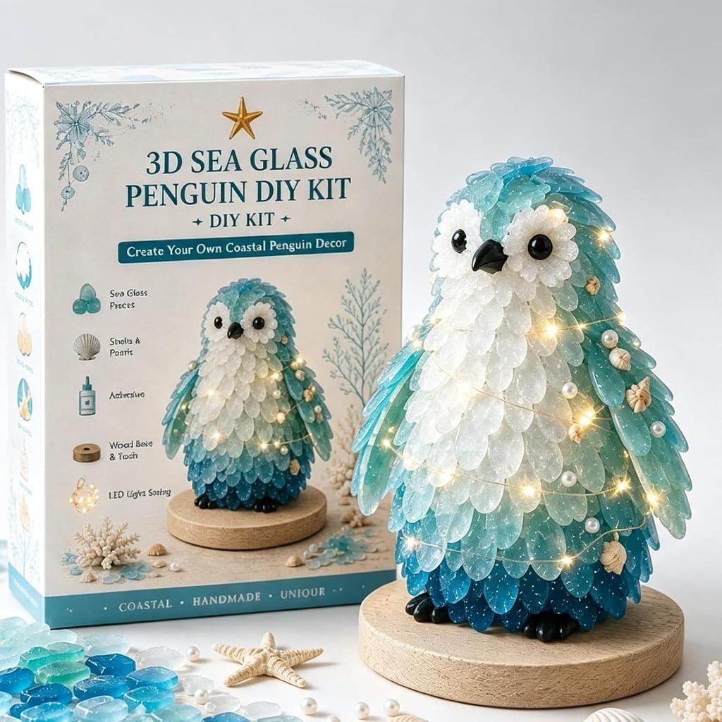 DIY Sea Glass Art Kit, Light Up Craft Kit with Sea Glass, Shells Pearl Accents, Coastal Ocean Inspired Mosaic Art Decoration, Creative Handmade Gift