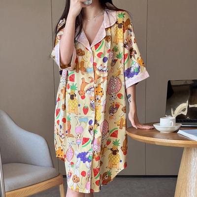 Летний мультяшный животный ледяной шелк повседневный удобный кардиган домашняя одежда модная блузка ночная рубашка