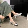 High Heels Thick Heel Silver Single Shoes Women's 2025 New Summer Skirt French Medium Heel Mary Jane Small Leather Shoes