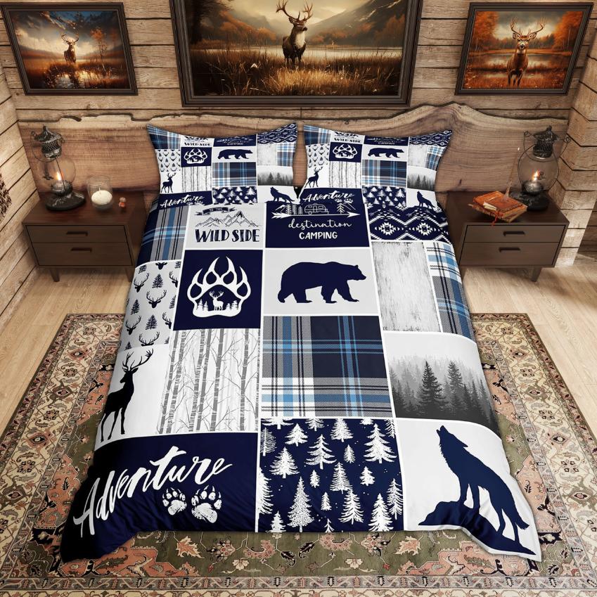 Comforter Homewish Rustic Deer Bear Woodland Animal Checkered Set Farmhouse Lodge Cabin Bedding Set