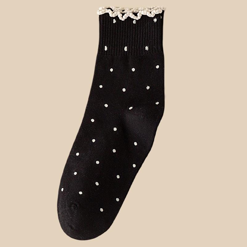 Черные носки с кружевом из древесного гриба для женщин, стиль весна и осень, махровые носки, хлопковые носки, летние носки в горошек с отворотом, бесшовные носки до середины икры