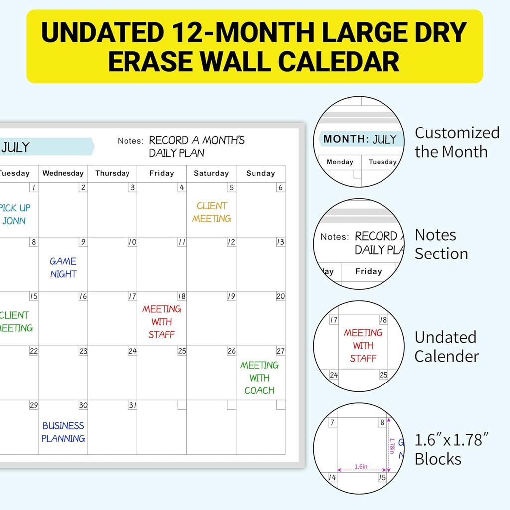 Erasable Large Wall Planner Calendar Reusable Wall Year Calendar Blank Undated Yearly Calendar Oversized Simplicity PlanCalendar